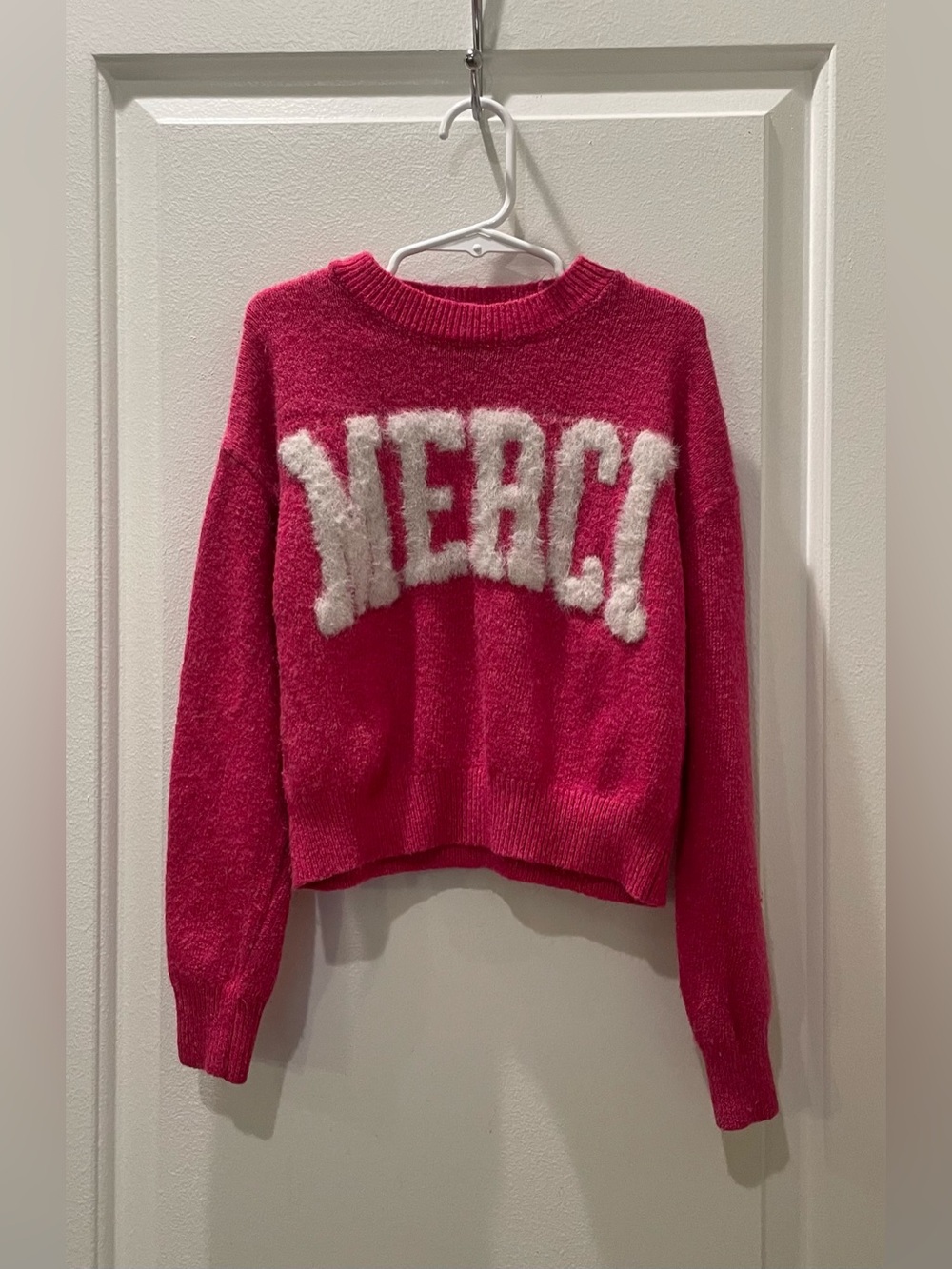 Girls’ Pink 'Merci' Crewneck Fluffy Sweater